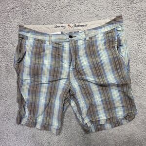 Tommy Bahama Shorts Mens Size 38 X 10 Blue Plaid Linen Casual Flat Front Chino